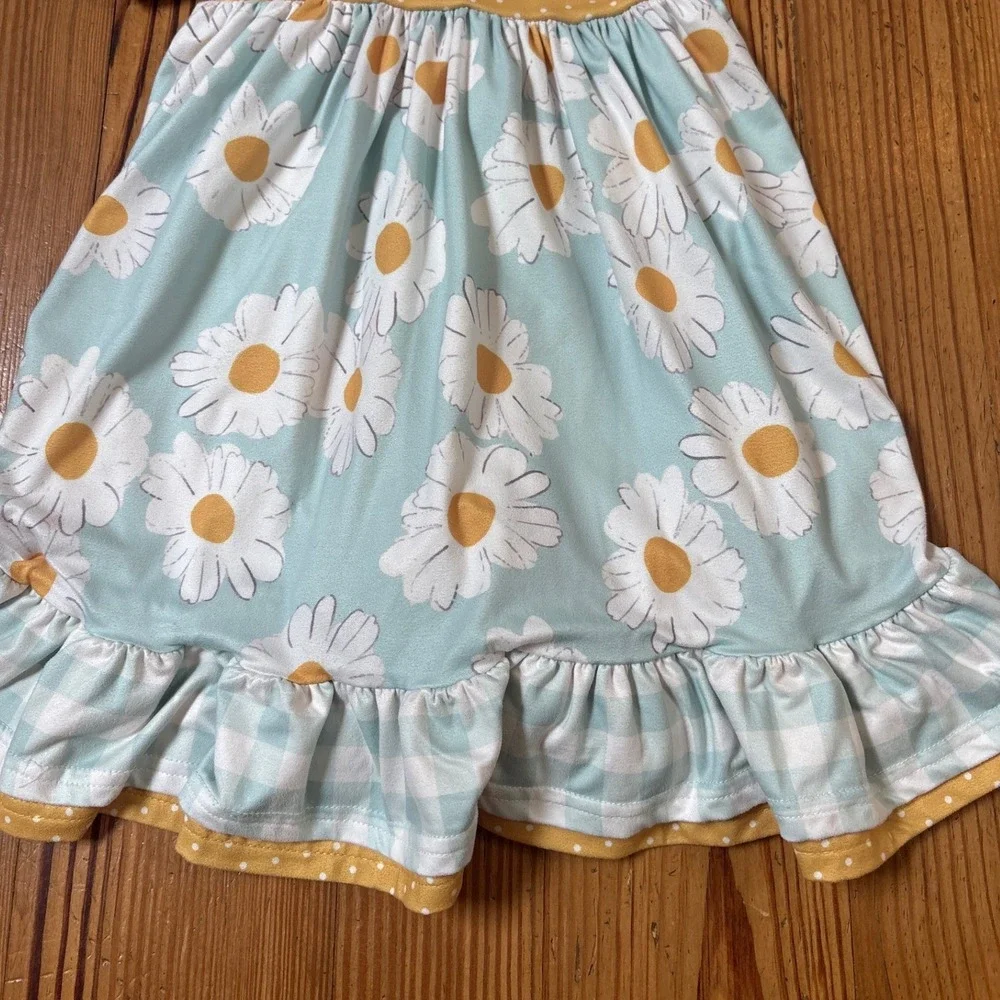 Oopsie Daisy Dress Kids Blue Gingham Floral Ruffle Sash SIZE 5/6